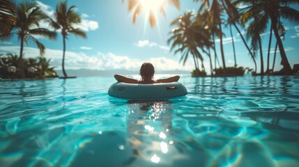 Obraz premium A Person Floating on an Inflatable in a Clear Blue Pool. Relaxing summer day, leisure vacation vibe