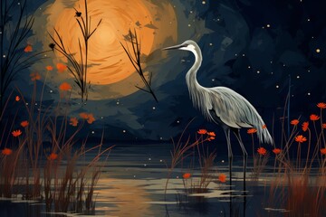 Japanese crane art with delicate botanical decor in traditional japanese illustration