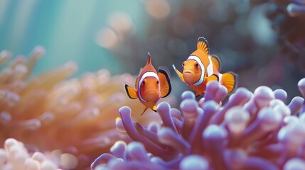 Two vibrant clownfish navigate through the tranquil waters of their aquarium home showcasing the beauty of marine life : Generative AI