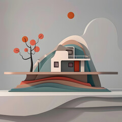 abstract house with tree and hills