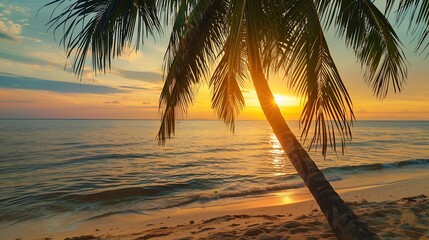Fototapeta premium Island palm tree sea sand beach Panoramic beach landscape Inspire tropical beach seascape horizon Orange and golden sunset sky calmness tranquil relaxing summer mood Vacation travel ho : Generative AI