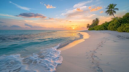 Scenic view of a serene beach with golden sunset
