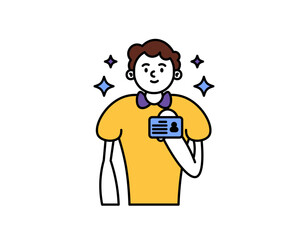 illustration of a man holding an identity card. show membership card. show identification card. Show card for registration. character illustration design. graphic elements. outline style