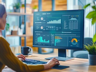 An HR professional using a sophisticated applicant tracking system on a large monitor, with detailed candidate profiles and analytics. 