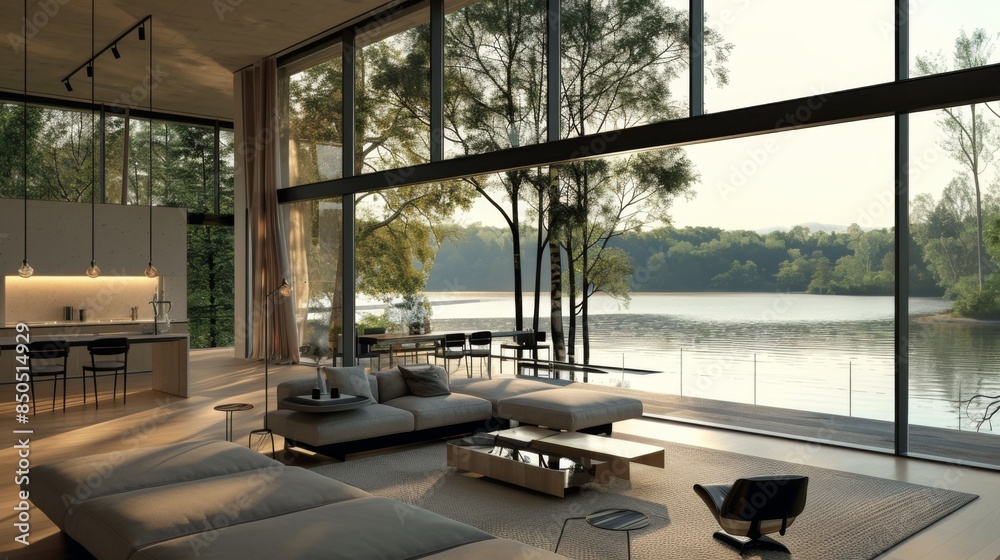 Poster a minimalist interior with floor-to-ceiling windows overlooking a tranquil lake, emphasizing modern 