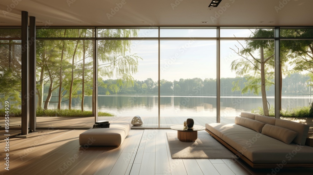 Poster a minimalist interior with floor-to-ceiling windows overlooking a tranquil lake, emphasizing modern 