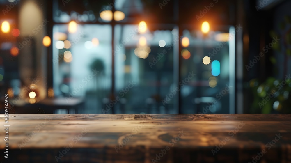 Aufkleber dark blurred background with empty table top cafe restaurant windows background for your product : g