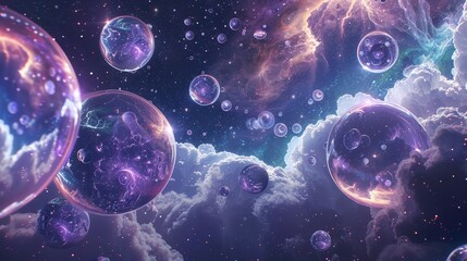 Naklejka premium Fantasy bubbles floating in cosmic space - A surreal depiction of glossy, transparent bubbles floating amongst clouds and galaxies