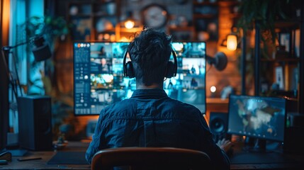 Naklejka premium A man working from a well-organized home office, interacting on a video call with colleagues displayed on the computer screen