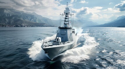 A big navy ship style boat in the sea, beautiful landscape background