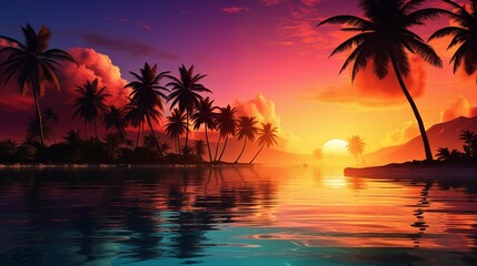 Colourful Sunset on a Paradise Island with Palm Trees, Silhouettes and Glossy Reflective Water.
