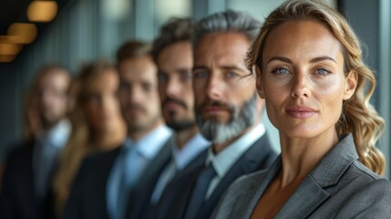 Obraz premium An attentive businesswoman is in sharp focus while her diverse team stand in soft focus behind her, symbolizing leadership and diversity