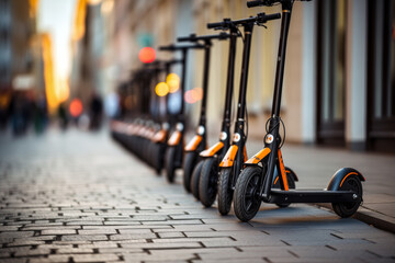 Fototapeta premium Electric Scooters on a City Sidewalk. Background with selective focus and copy space