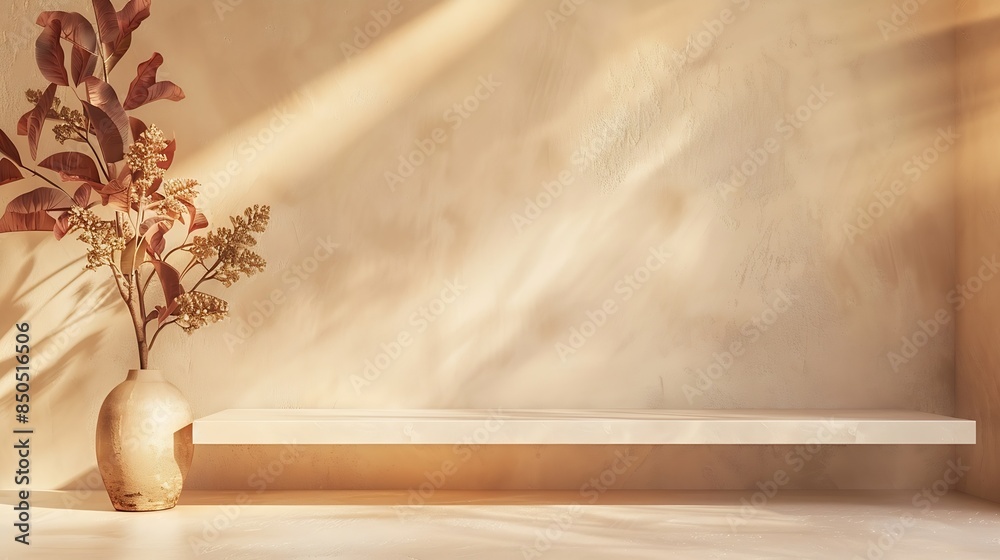 Poster empty shelf on a beige textured plaster wall background with aesthetic floral sun light shadows prod