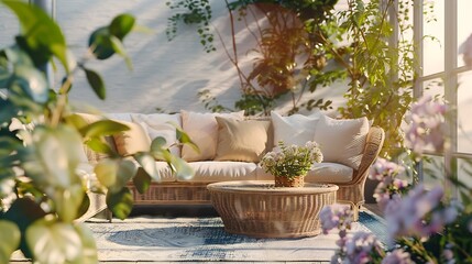 Garden patio decorated with Scandinavian wicker sofa and coffee table : Generative AI