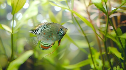 A green beautiful planted tropical freshwater aquarium with fishes Dwarf gourami Colisa lalia fish in a home aquarium lalius closeup : Generative AI
