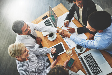 Company, meeting and laptop for people, handshake and research for startup, online and top view of...