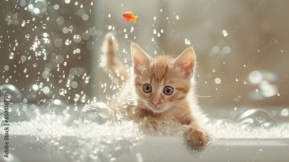 Poster a playful kitten chasing after floating toy fish in a bathtub filled with bubbles
