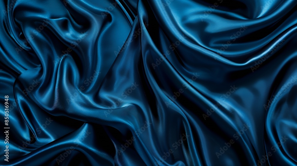 Poster beautiful dark blue silk satin background soft folds on shiny fabric luxury background with space fo
