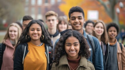 Fototapeta premium A foreground focused on a young woman with friends in soft focus in the background at a college campus, representing friendship and diversity