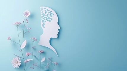 World mental health day concept. Paper human head symbol and flowers on blue background