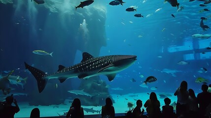 Okinawa Aquarium 4K with Beautiful Whale sharks and various kinds of fish swimming in the main tank...