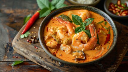 A seafood curry with fish, shrimp, coconut milk, and Thai spices served in a traditional bowl