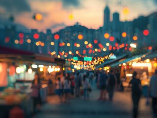Fototapeta premium City street market at dusk with colorful lights and lanterns, creating a festive atmosphere with blurred motion.