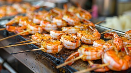 A seafood market stall with grilled shrimp served on skewers, ready for customers to enjoy