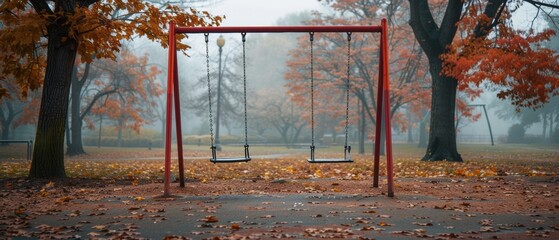 Empty swing set in an autumn park with fallen leaves, capturing a nostalgic and peaceful atmosphere.