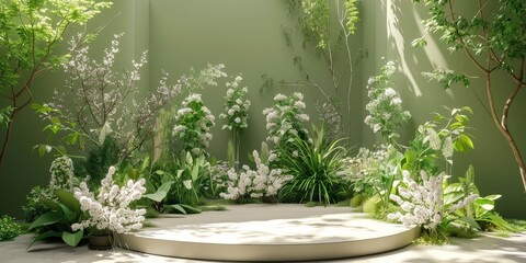 Circular Platform in a Lush Floral Garden