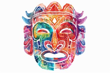 Vivid watercolor illustration of a Tongan mask in flat design style