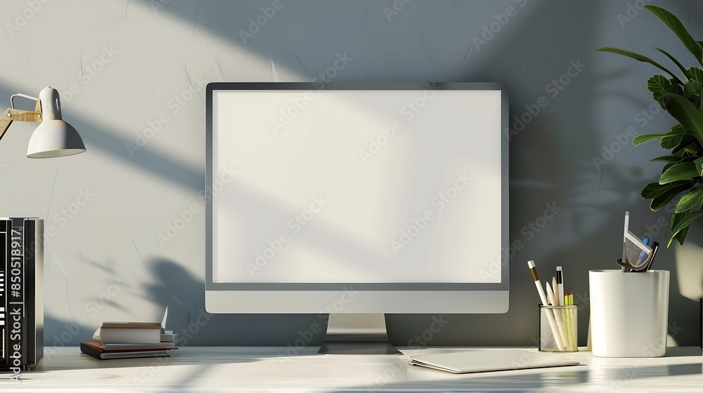 Aufkleber blank silver picture frame at the desk with clipping path : generative ai