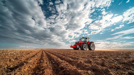Fototapeta premium Tractor plowing a vast field under a wide open sky