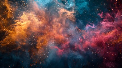 Fireworks-like bursts of gold crimson and indigo blend with smoke backdrop