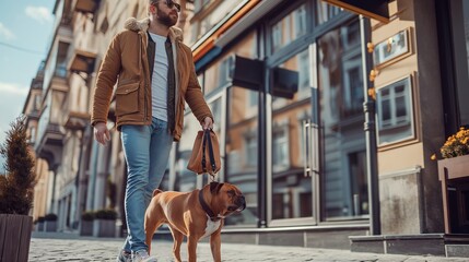 Man walking his dog in an urban area, wearing sunglasses and a jacket, with buildings in the background.