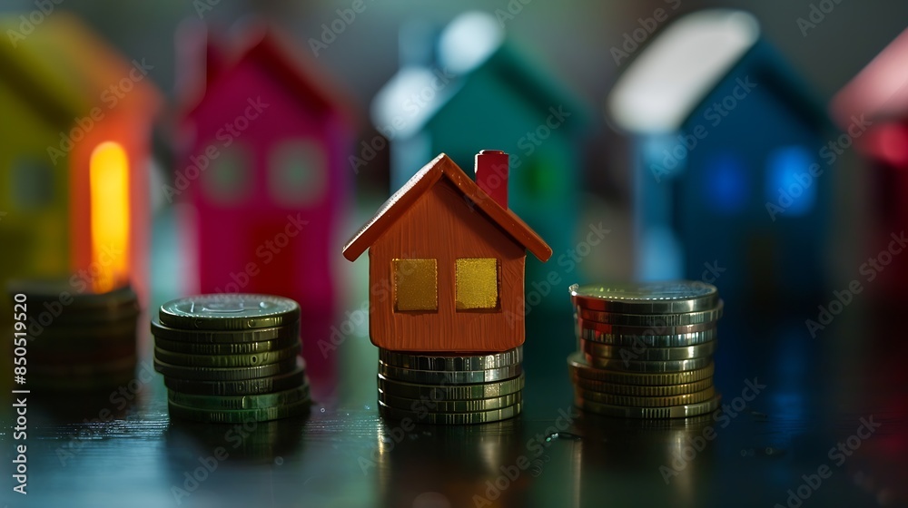 Poster Miniature colorful house on stack coins using as property and financial concept : Generative AI