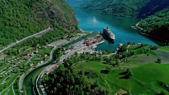 Drone video of cruise ship in the port of Flam in the Aurlandsfjord. Aurland, Norway