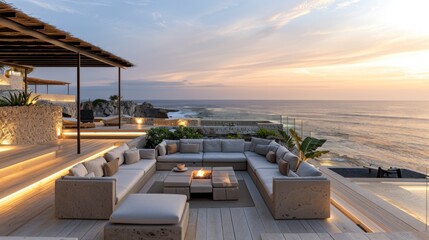 Fototapeta premium A stylish beach villa with a rooftop terrace for lounging and enjoying sweeping views of the coastline