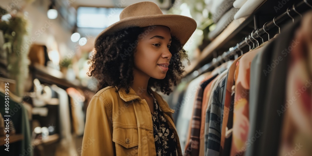 Wall mural A young woman with curly hair in a hat shopping in a trendy clothing store. - Wall murals