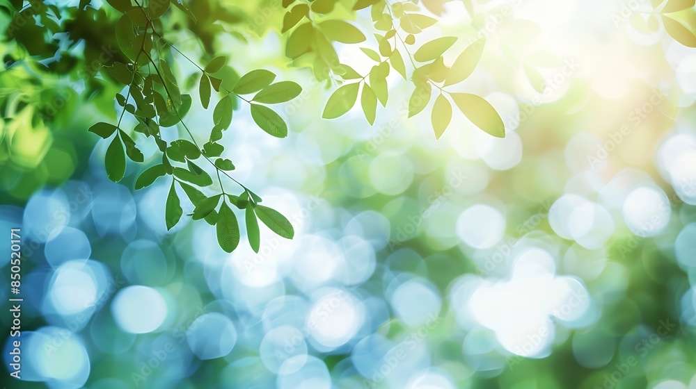 Aufkleber summer background of blue and green blurred foilage and sky with bright bokeh blurry abstract summer