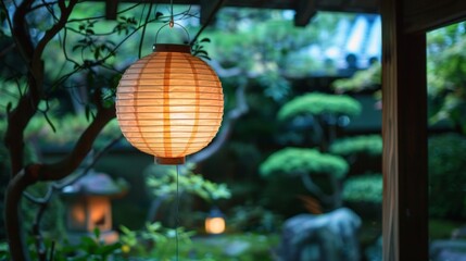 A traditional Japanese paper lantern hanging in a serene Zen garden, softly illuminating the tranquil space