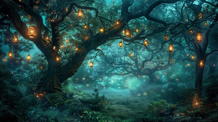 Bioluminescent flora and mist create mystical forest with flickering lanterns backdrop