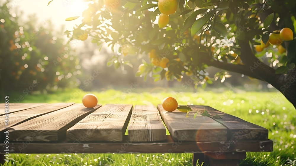 Poster tree table wood podium in farm display for food perfume and other products on nature background tabl