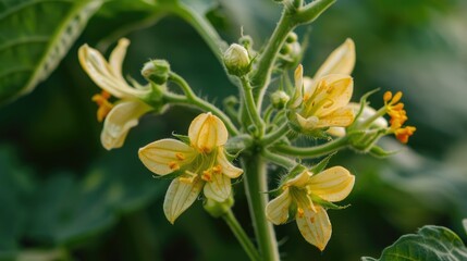 Obraz premium Images of recently blossoming small eggplant flowers in the garden