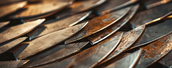 A close-up image showcasing a collection of sharp, rustic metal blades arranged in an overlapping pattern, highlighting their intricate details.