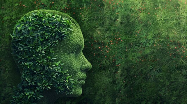 Personal growth concept and gardener or landscaper symbol for gardening psychology as a horticulture design with a perennial lawn and flowerbed with ornamental plants shaped as a human hea