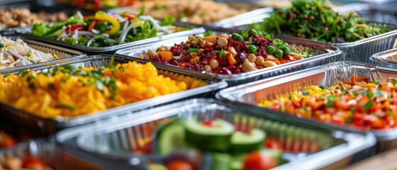 Obraz premium A colorful assortment of fresh and vibrant salads and dishes in stainless steel trays, ready for serving at a buffet or catered event.