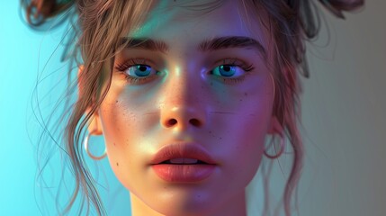 A digital rendering of a Gen-Z style girl face, representing an AI virtual influencer concept. The image showcases modern fashion and technology integration in a youthful, trendy aesthetic.