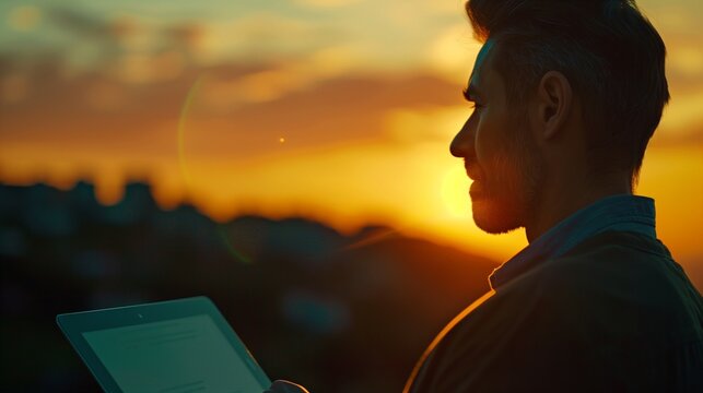 MENTAL HEALTH Thoughtful male person looking to the digital tablet screen, laptop screen,Silhouette and filter sun